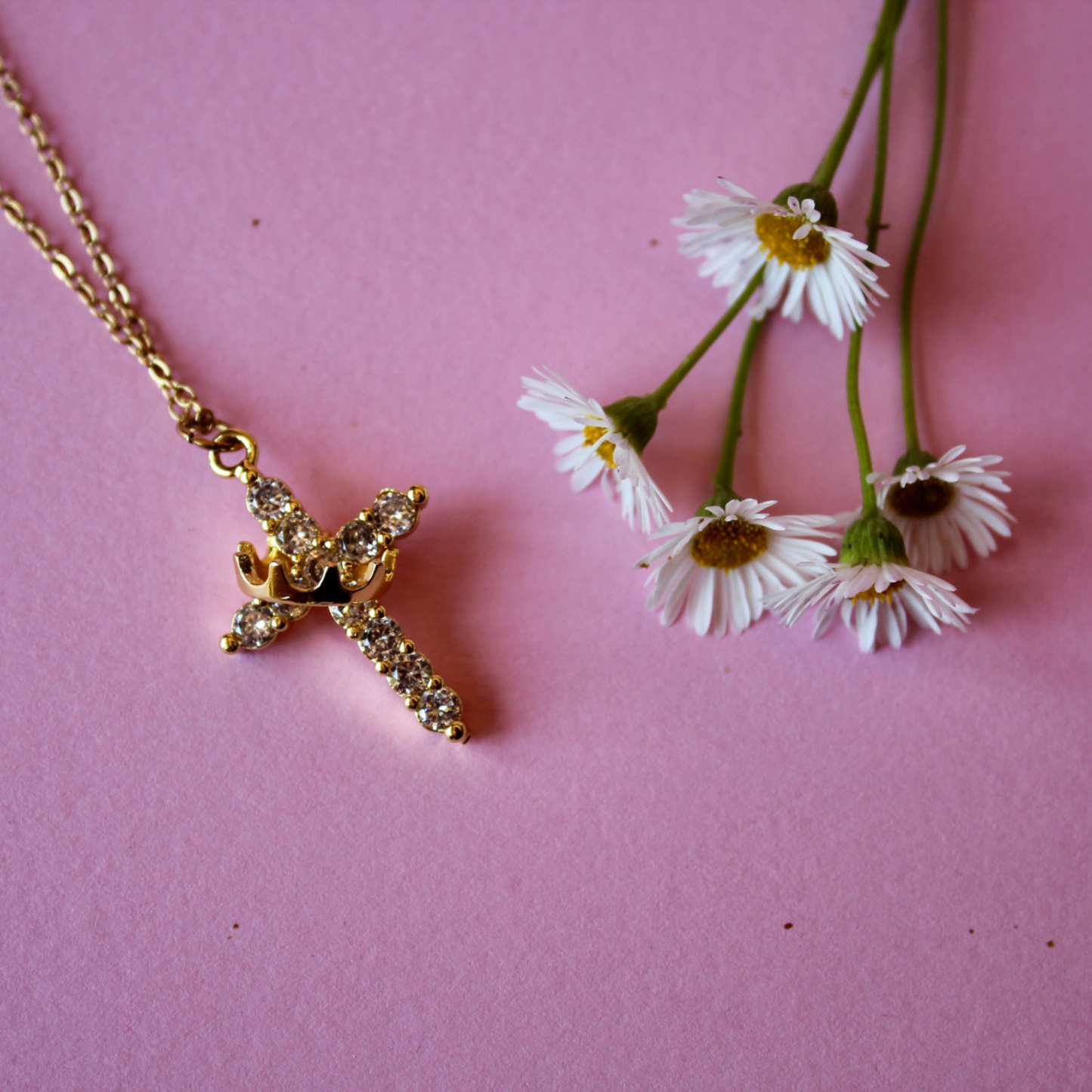 Gold Cross Crown Stainless Steel Necklace